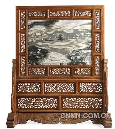 明式&middot;黃花梨螭紋鑲理石插屏式地座屏